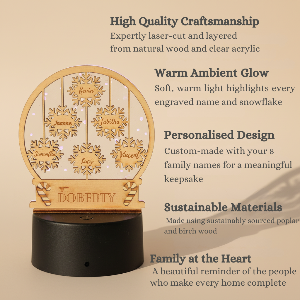 Personalised Family Christmas LED Lamp – Snowflake Design