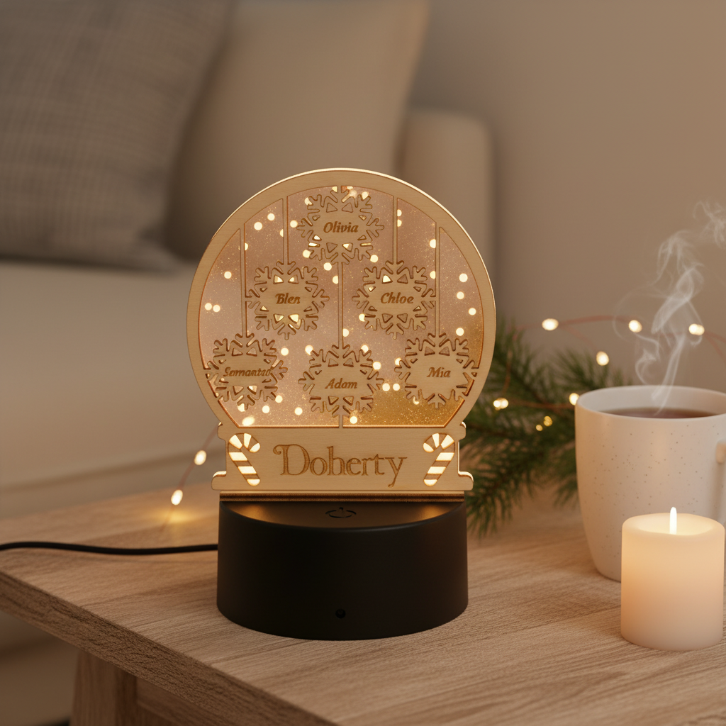 Personalised Family Christmas LED Lamp – Snowflake Design