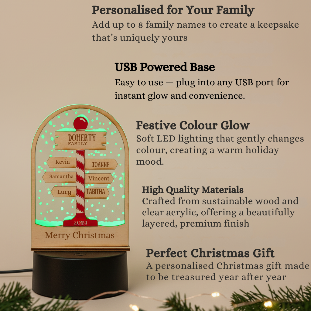 Personalised Family Christmas LED Lamp – Candy Cane Design