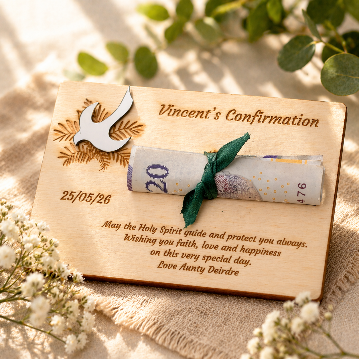 Personalised Confirmation Wooden Money Holder Gift – Dove Pin Keepsake