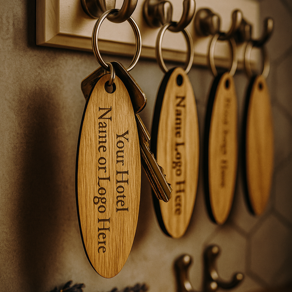 Personalised Wooden Keyrings – Custom Engraved Company Keyfobs