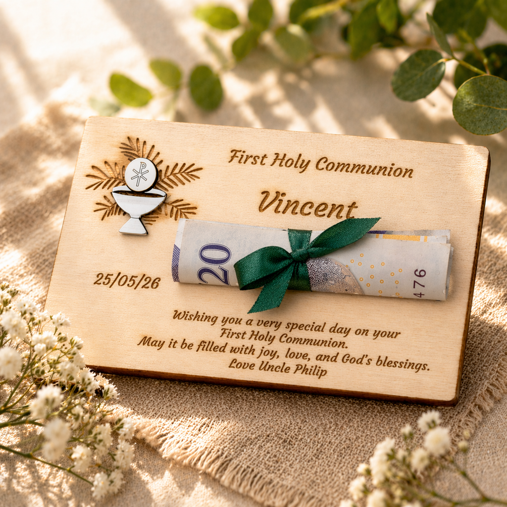 Personalised First Holy Communion Wooden Money Holder Gift  - Chalice & Host Pin