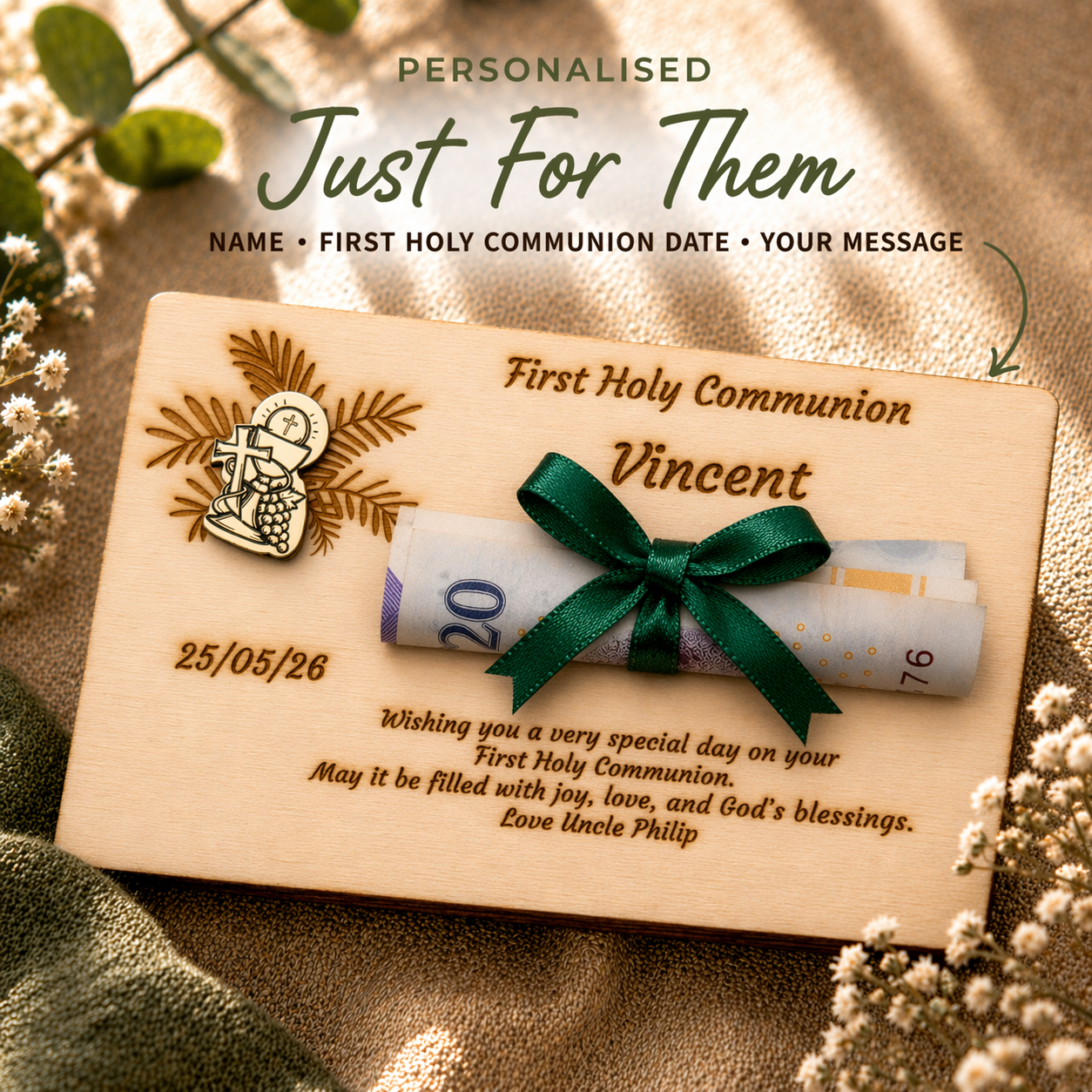 Personalised First Holy Communion Wooden Money Holder Gift – Bread & Chalice pin