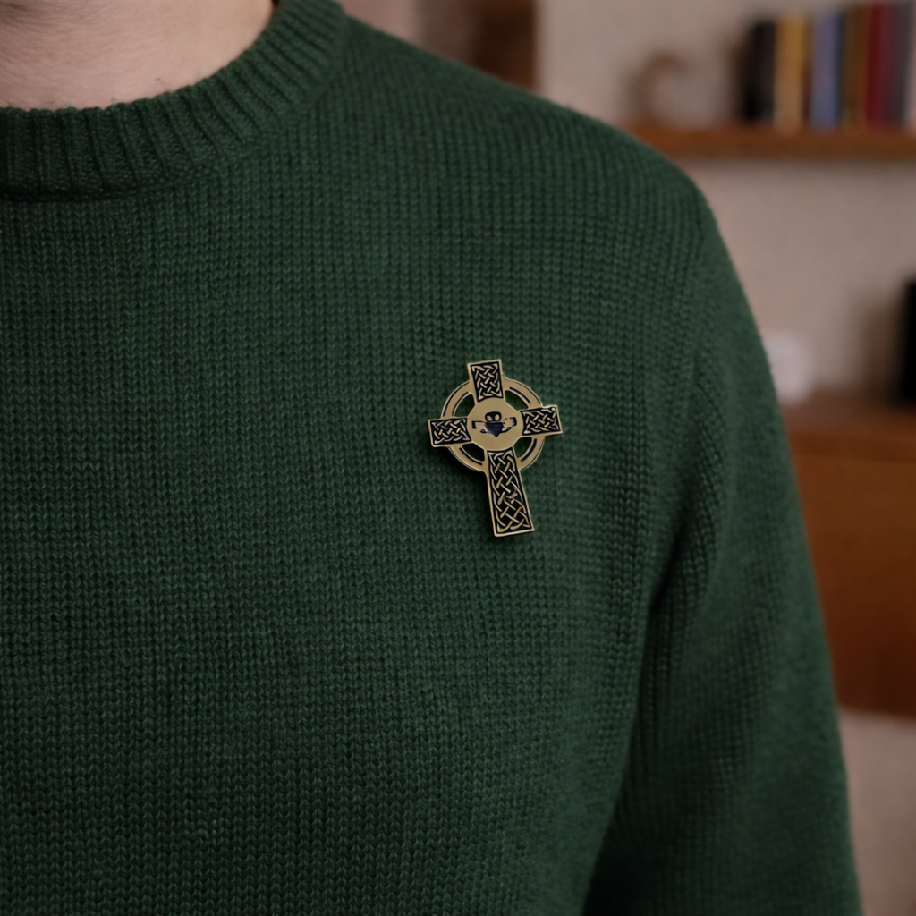 Laser Engraved Claddagh Cross Pin – A Symbol of Love, Loyalty & Faith