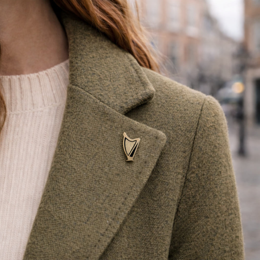 Harp Pin – Irish Heritage in Wood & Brushed Gold/Silver acrylic