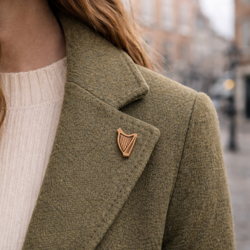 Harp Pin – Irish Heritage in Wood & Brushed Gold/Silver acrylic