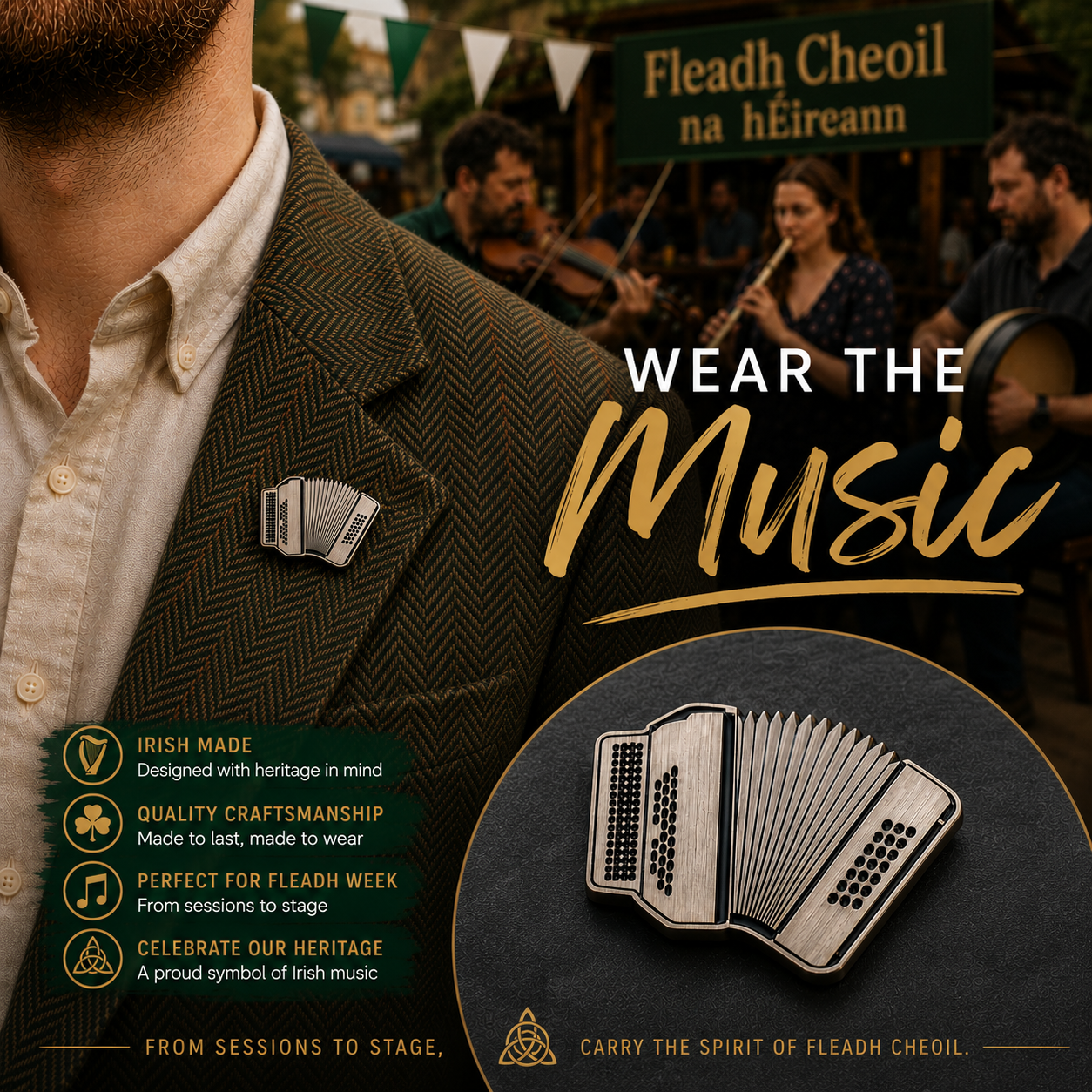 Button Accordion Pin – in Wood & Brushed Gold/Silver acrylic Harp Pin