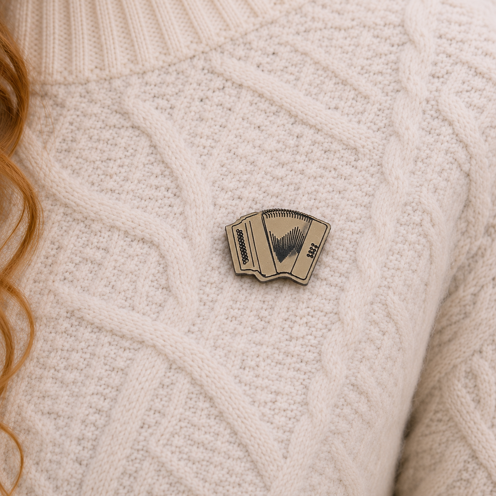 Button Accordion Pin – in Wood & Brushed Gold/Silver acrylic Harp Pin