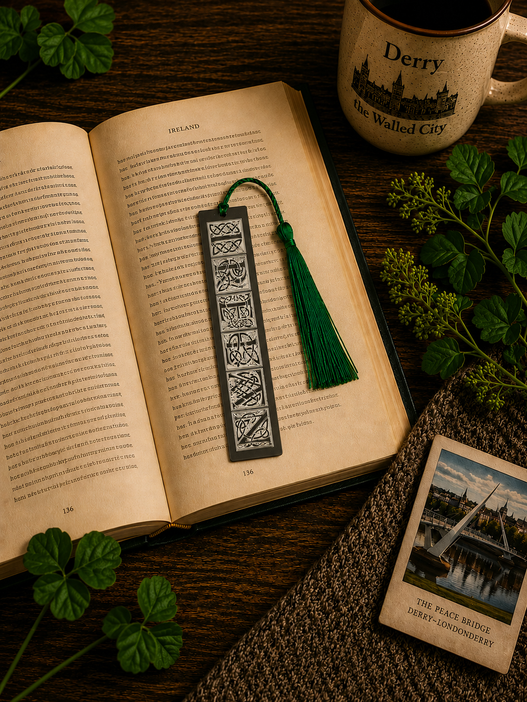 Black Acrylic Irish Bookmark with Green Tassel | Handmade Irish Gift