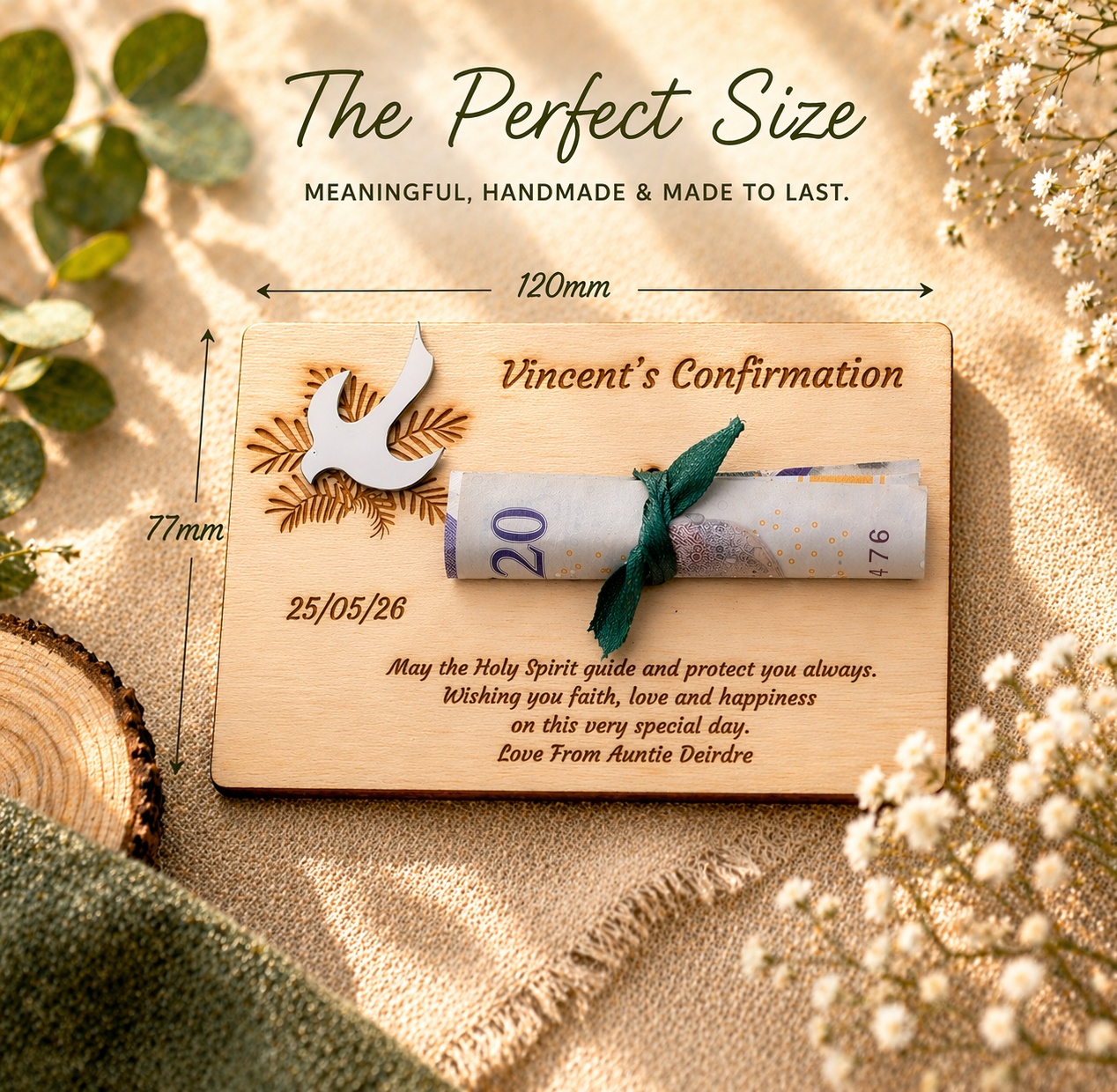 Personalised Confirmation Wooden Money Holder Gift – Dove Pin Keepsake