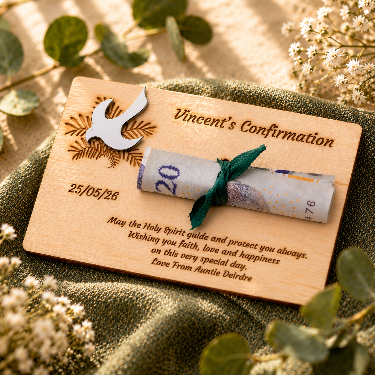 Personalised Confirmation Wooden Money Holder Gift – Dove Pin Keepsake