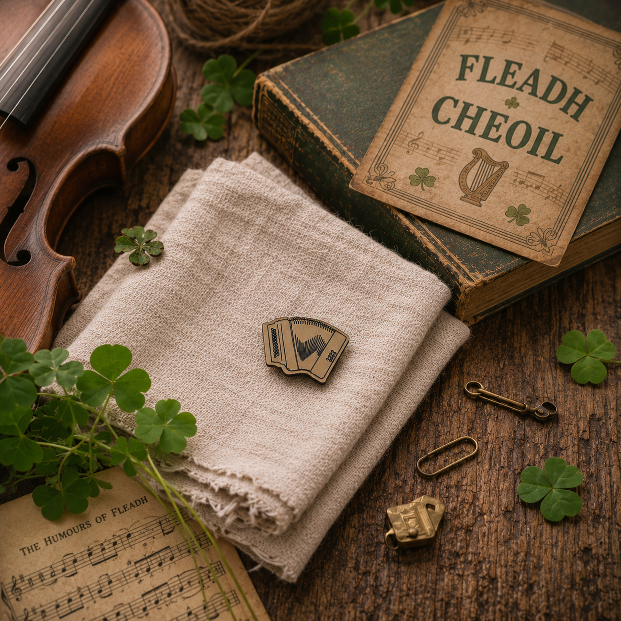 Button Accordion Pin – in Wood & Brushed Gold/Silver acrylic Harp Pin