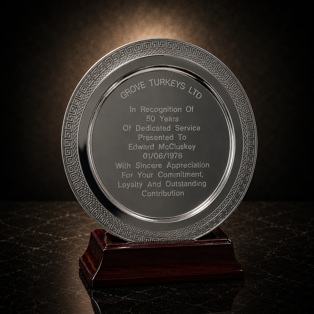 Circular Personalised Silver Presentation Plate Trophy with Wooden Stand