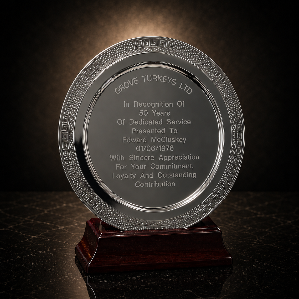 Circular Personalised Silver Presentation Plate Trophy with Wooden Stand