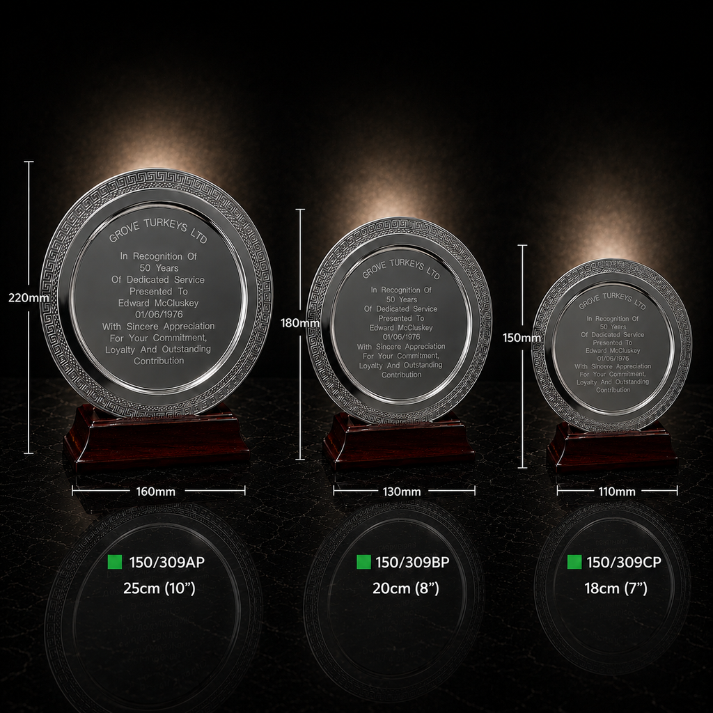 Circular Personalised Silver Presentation Plate Trophy with Wooden Stand