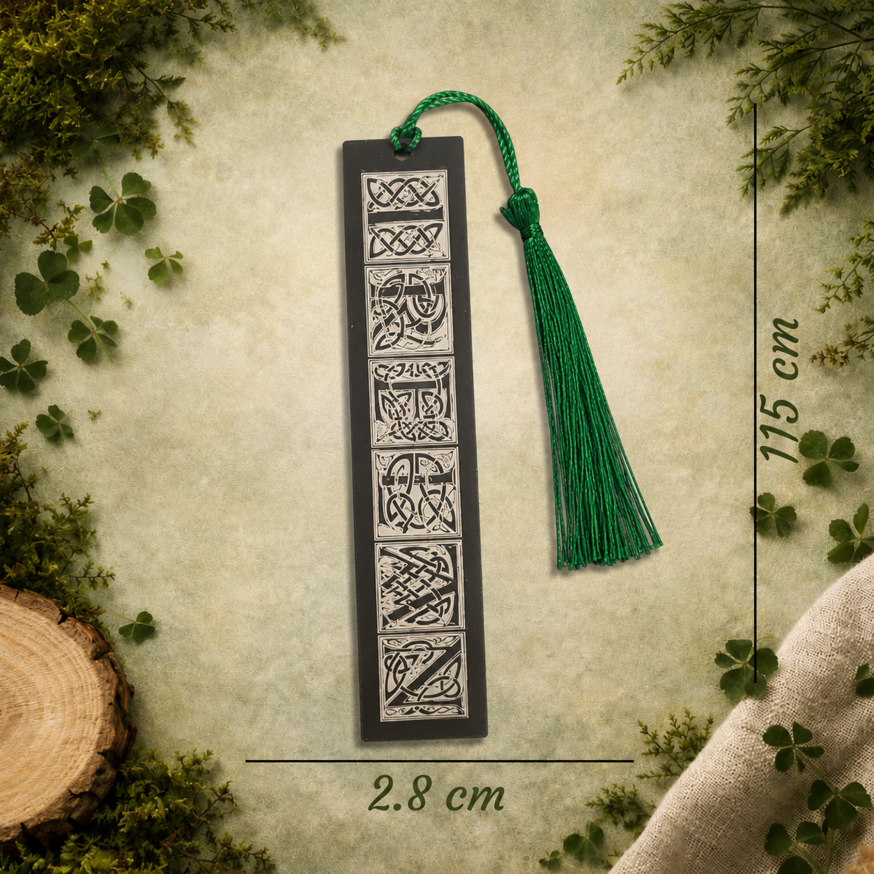 Black Acrylic Irish Bookmark with Green Tassel | Handmade Irish Gift