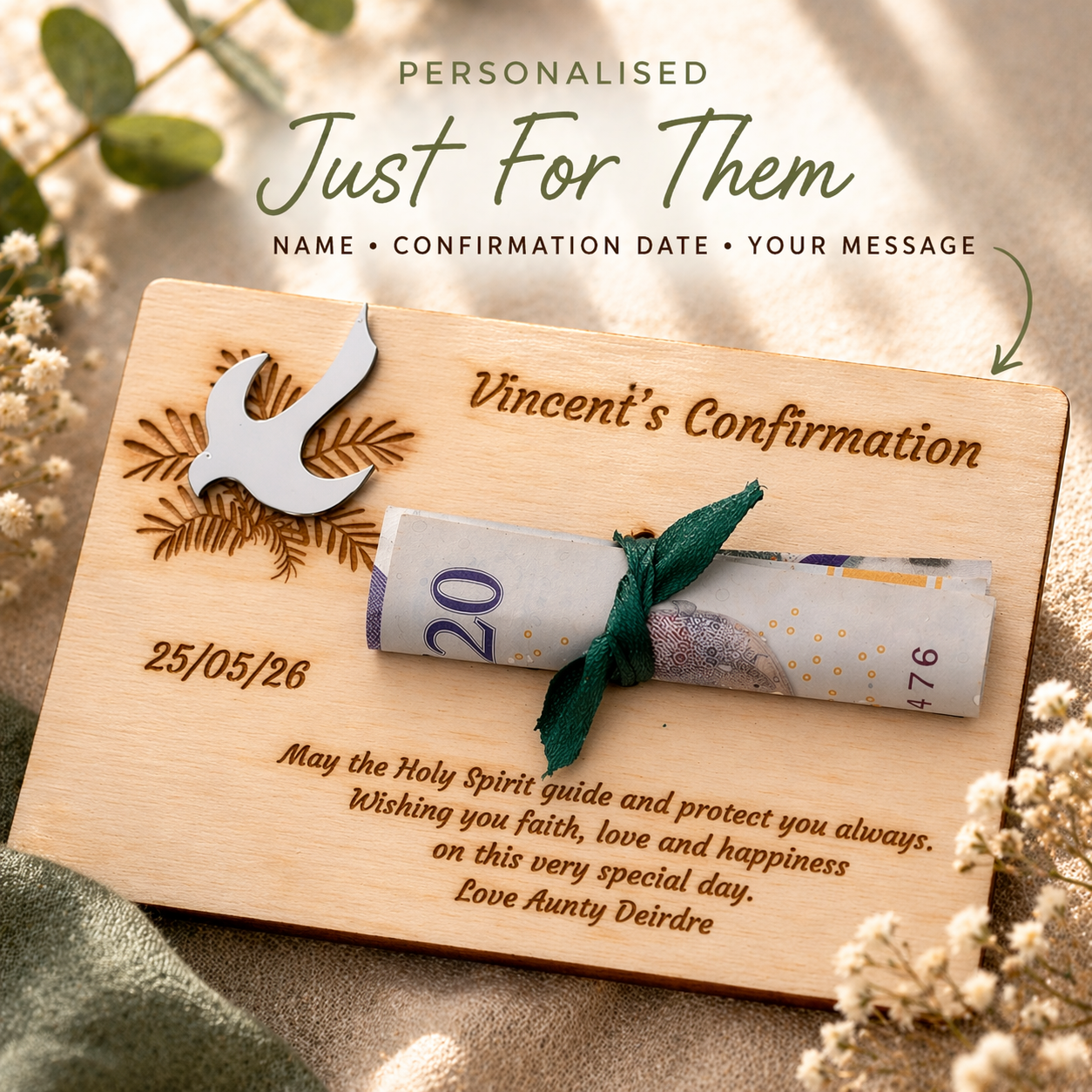 Personalised Confirmation Wooden Money Holder Gift – Dove Pin Keepsake