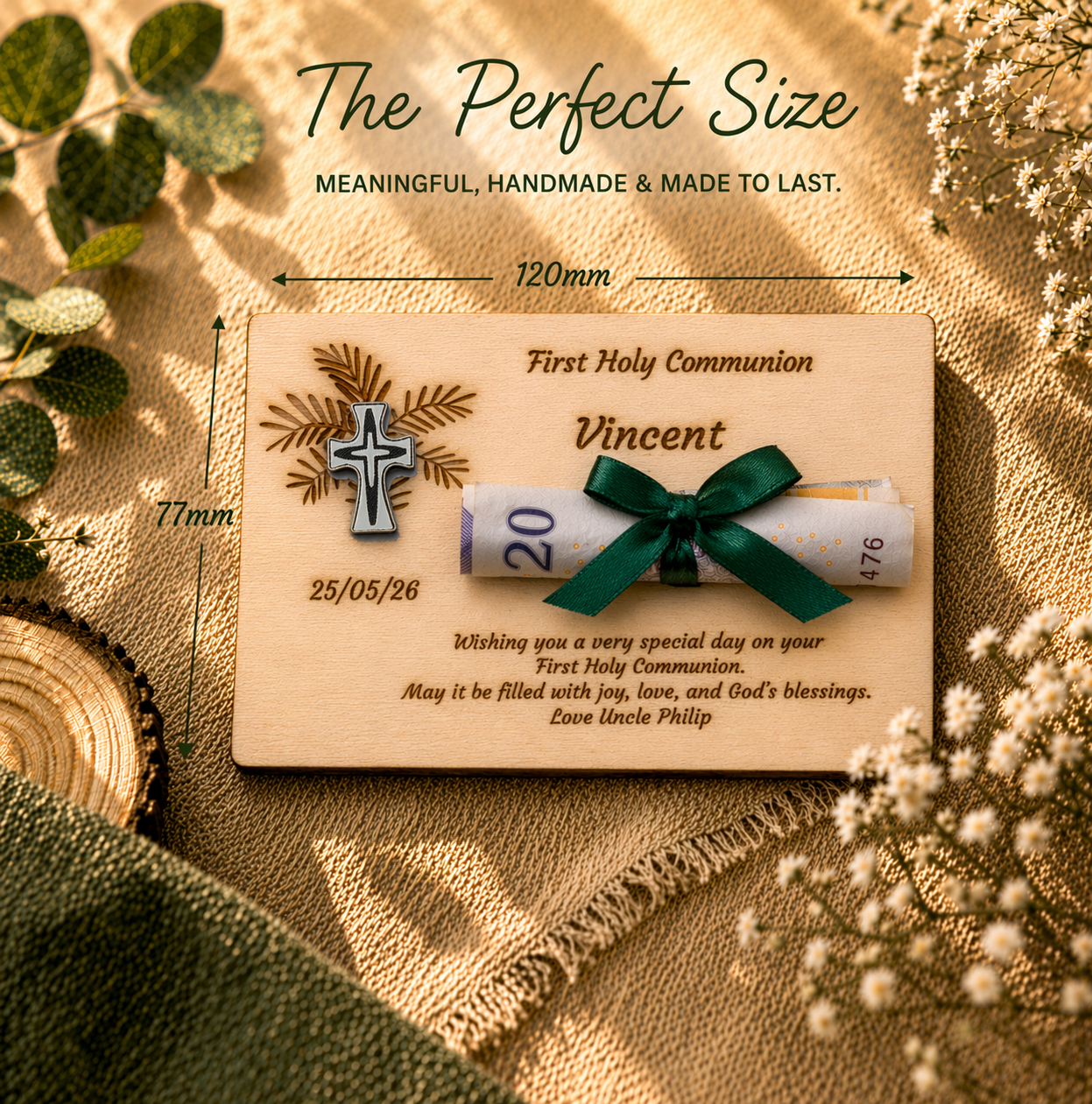 Personalised First Holy Communion Wooden Money Holder Gift – Latin Cross Pin