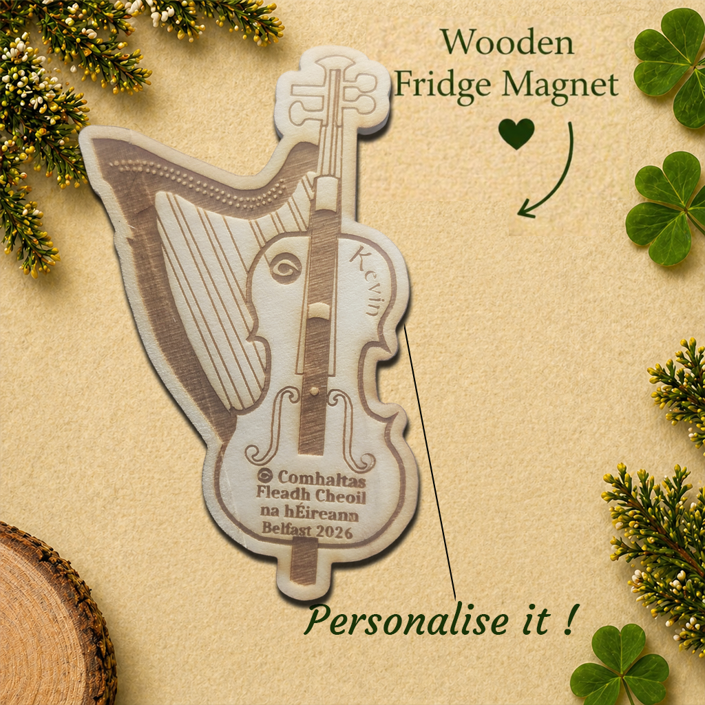 Personalised Comhaltas Fleadh Cheoil Belfast / Béal Feirste Harp & Fiddle Fridge Magnet