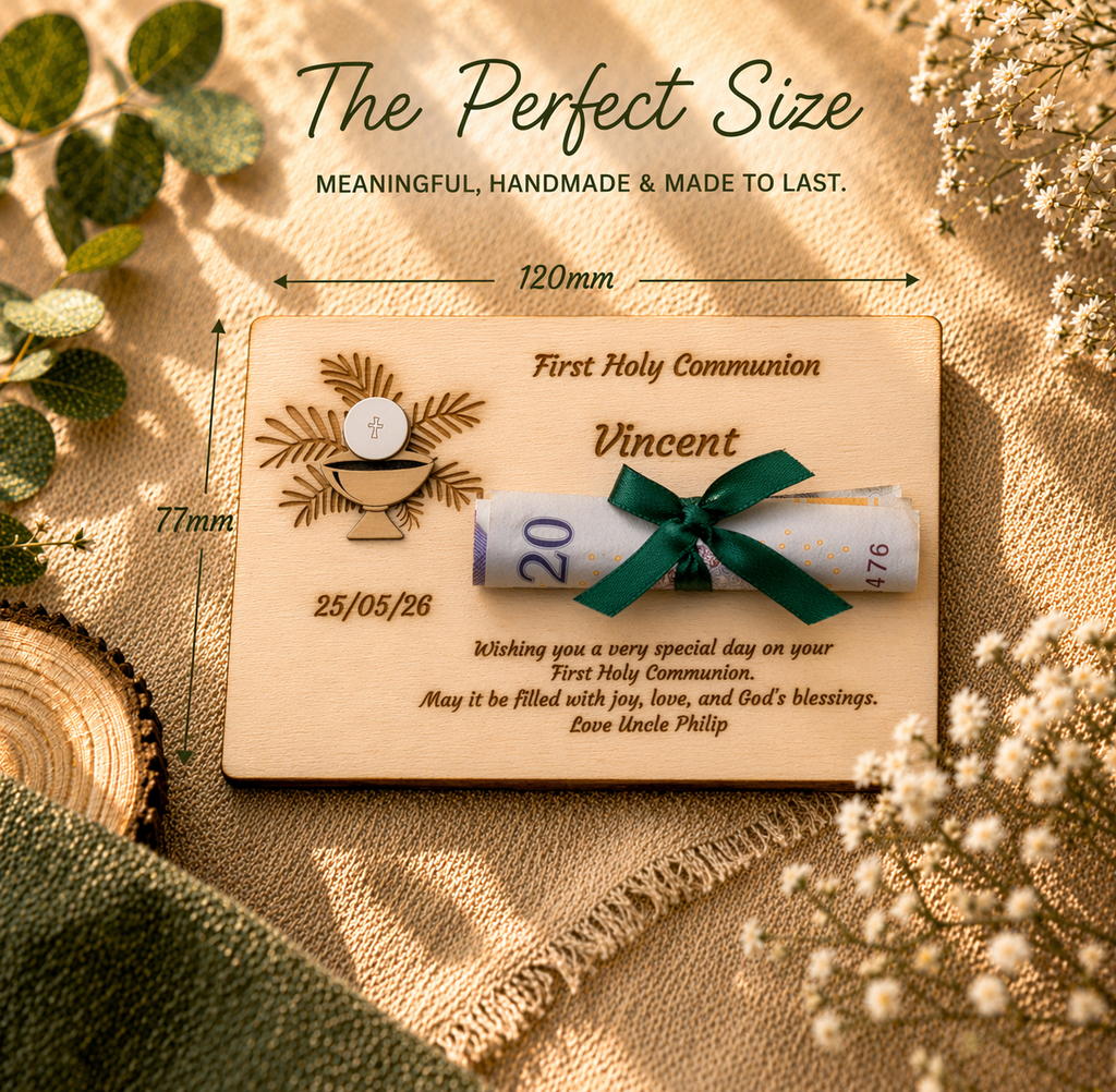 Personalised First Holy Communion Wooden Money Holder Gift  - Chalice & Host Pin