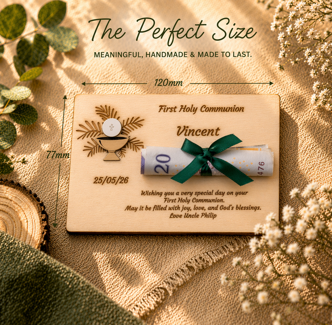 Personalised First Holy Communion Wooden Money Holder Gift  - Chalice & Host Pin