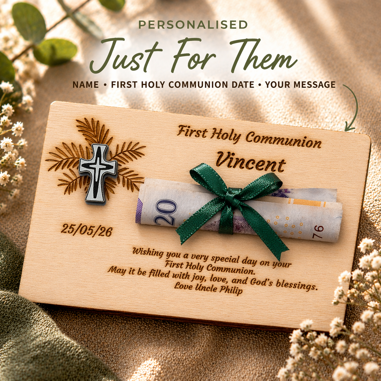 Personalised First Holy Communion Wooden Money Holder Gift – Latin Cross Pin