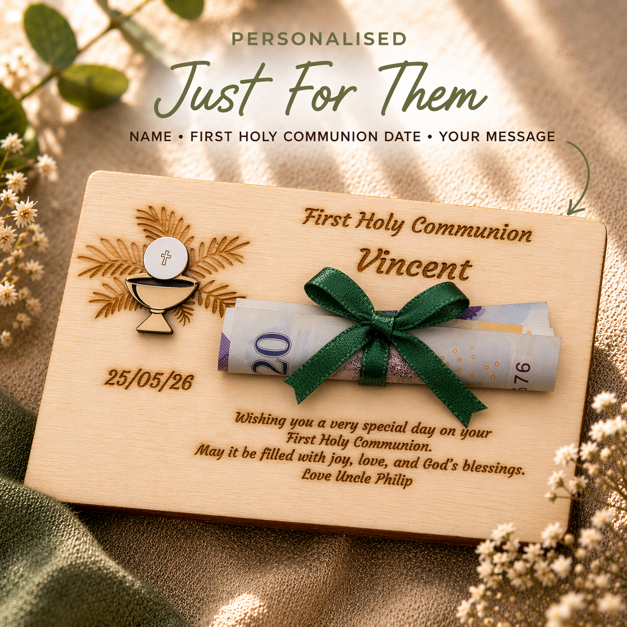 Personalised First Holy Communion Wooden Money Holder Gift  - Chalice & Host Pin