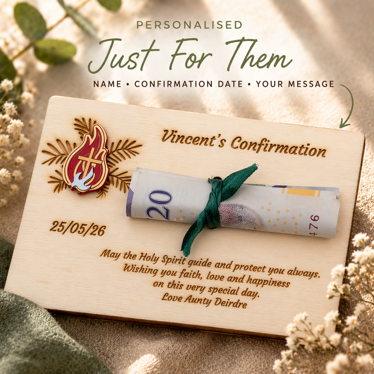 Personalised Confirmation Wooden Money Holder Gift - Fire & Dove Pin