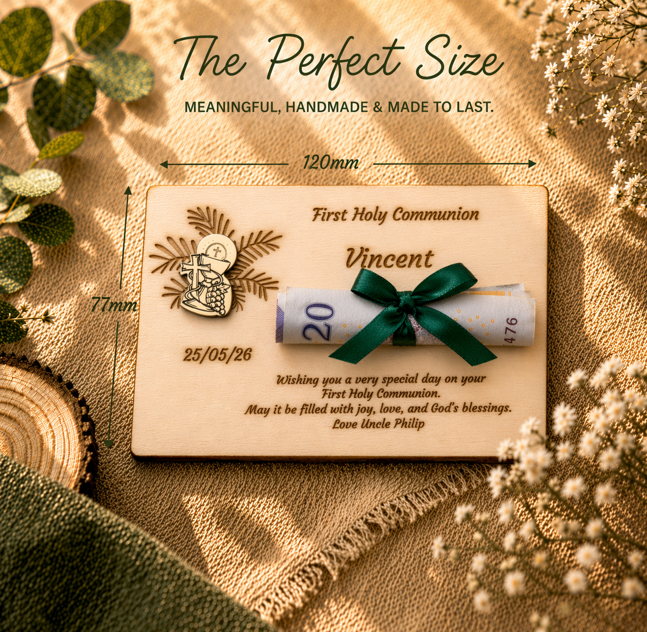 Personalised First Holy Communion Wooden Money Holder Gift – Bread & Chalice pin