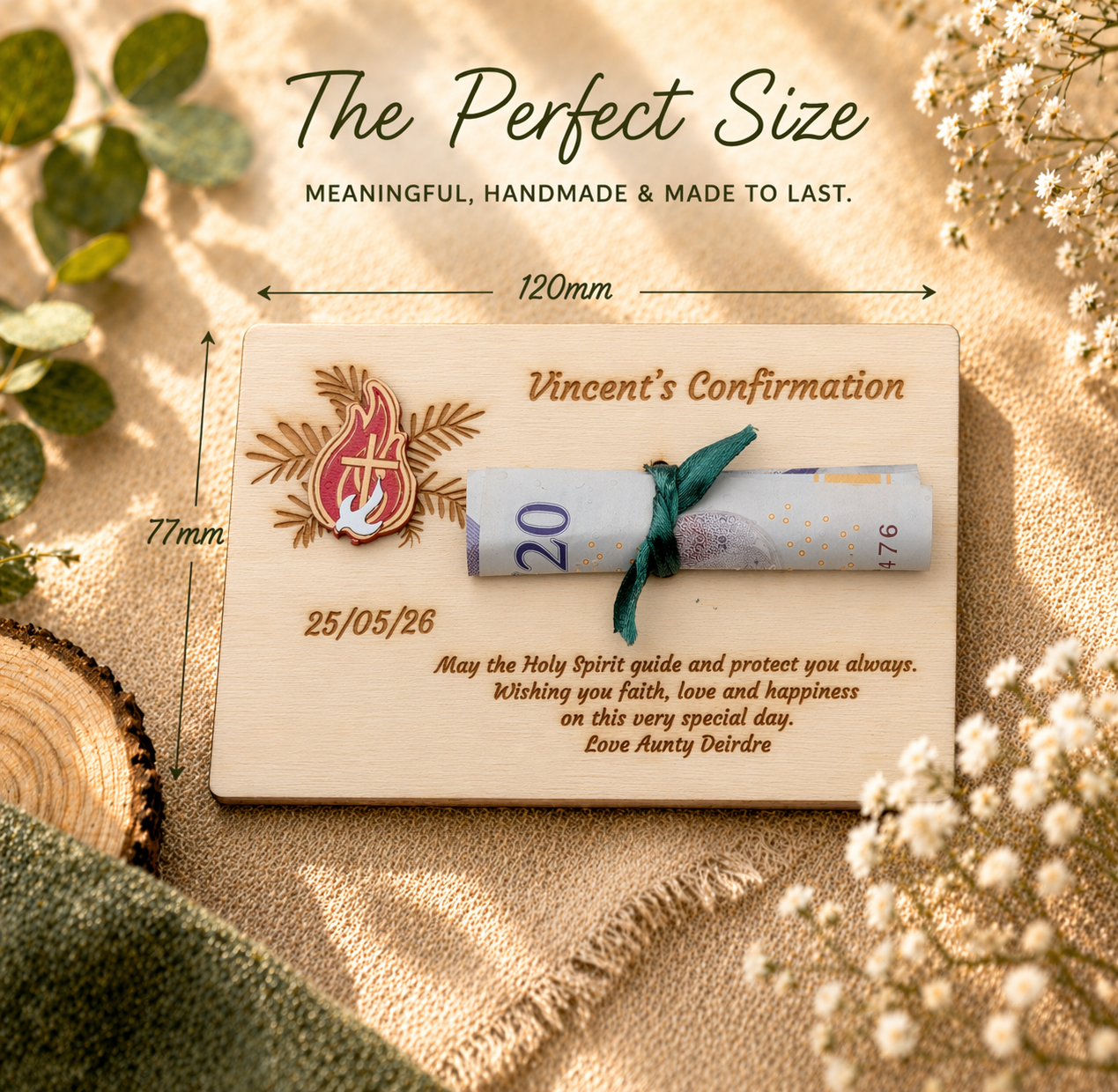 Personalised Confirmation Wooden Money Holder Gift - Fire & Dove Pin