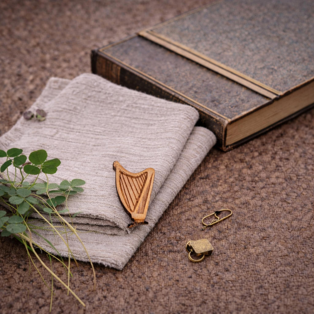 Harp Pin – Irish Heritage in Wood & Brushed Gold/Silver acrylic