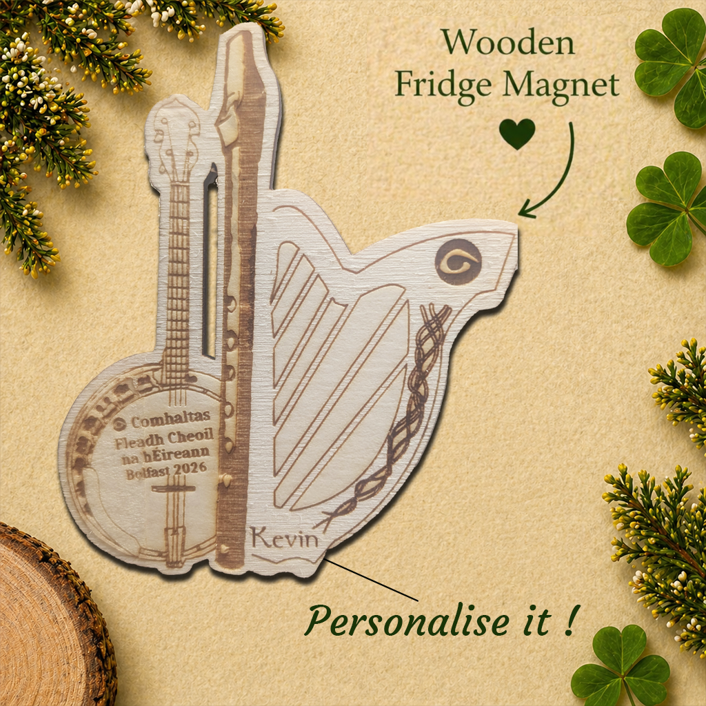 Personalised Comhaltas Fleadh Cheoil Belfast / Béal Feirste Banjo, Tin Whistle &  Harp Fridge Magnet
