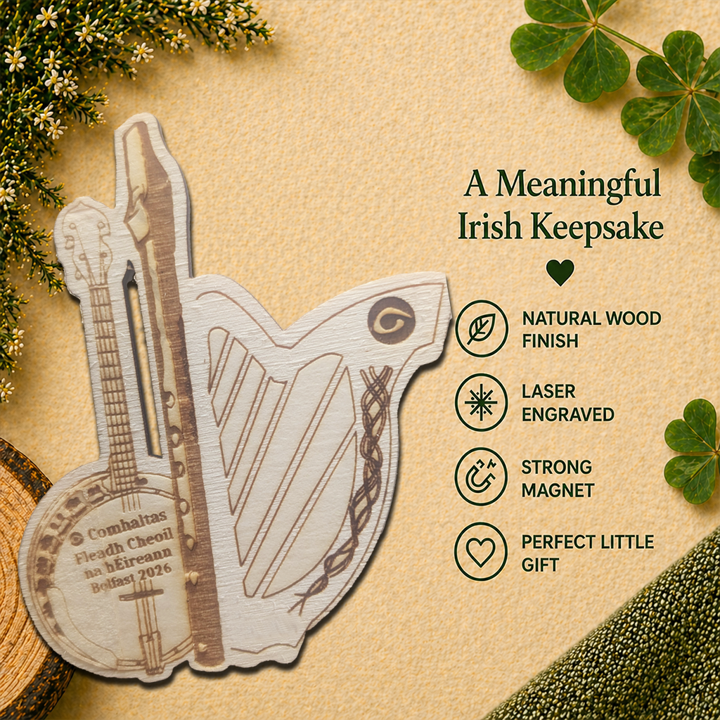 Personalised Comhaltas Fleadh Cheoil Belfast / Béal Feirste Banjo, Tin Whistle &  Harp Fridge Magnet
