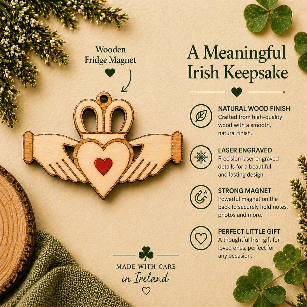 Claddagh wooden fridge magnet showing natural wood finish and strong magnet features
