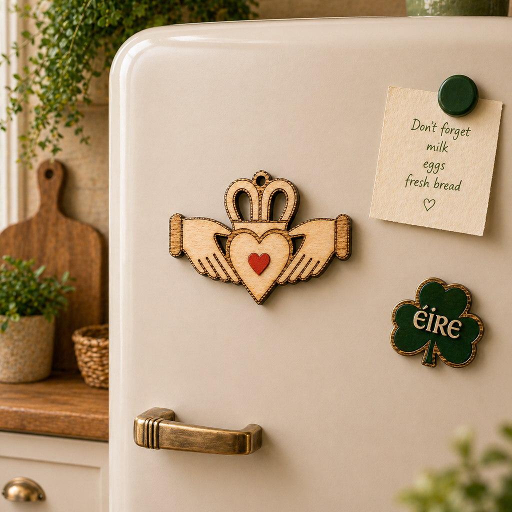 Claddagh wooden fridge magnet displayed on cream kitchen fridge