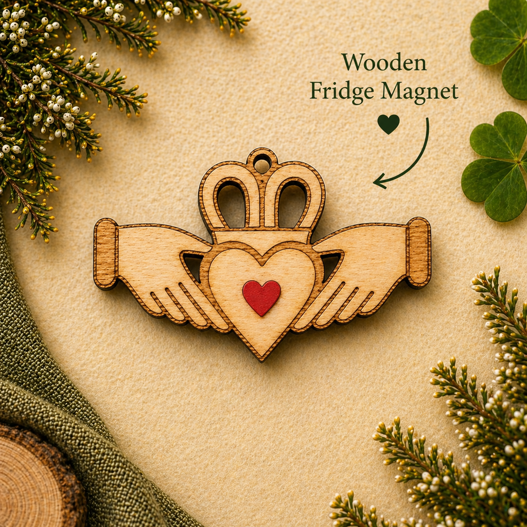 Wooden Claddagh fridge magnet with red heart on neutral background