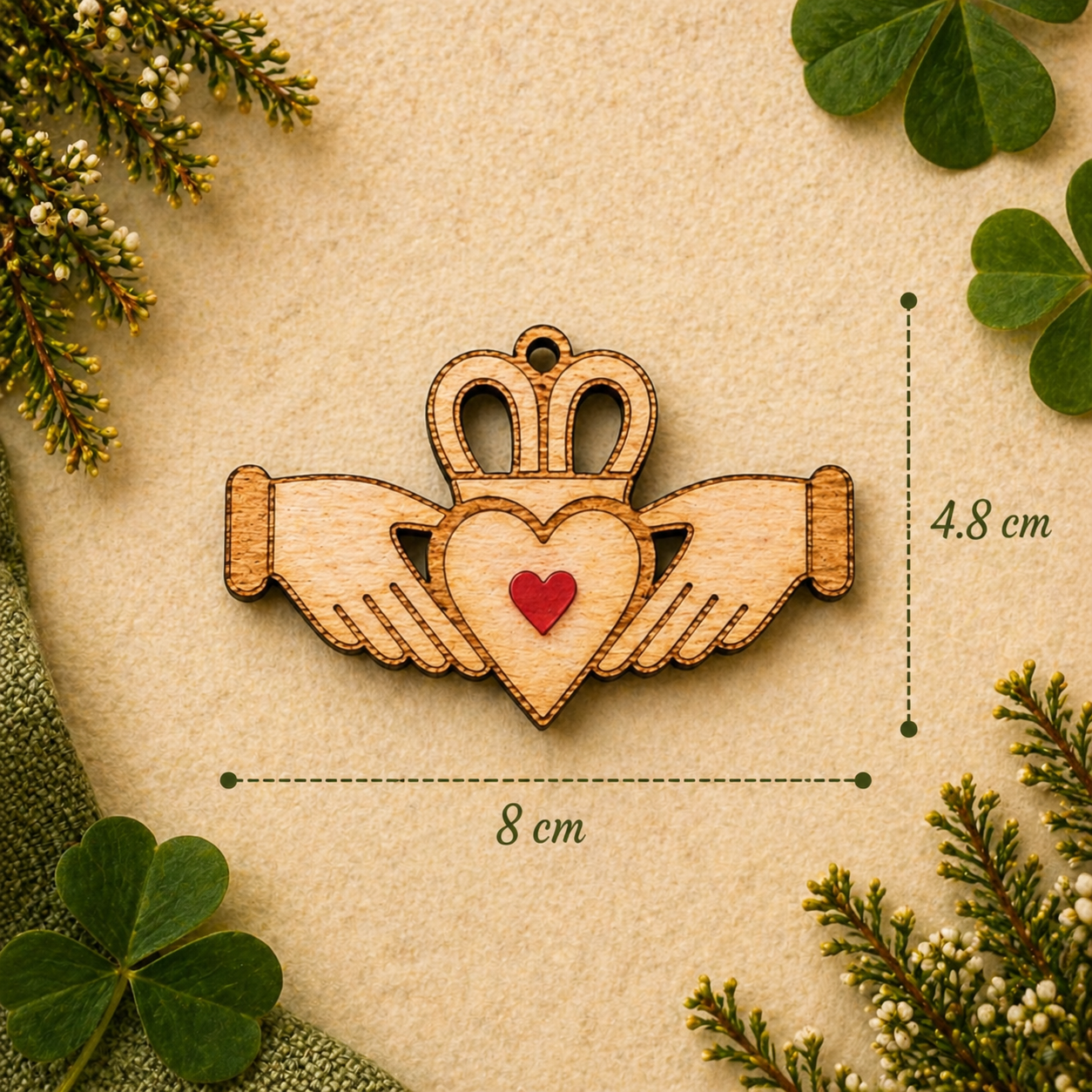 Claddagh wooden fridge magnet size guide showing 8cm x 4.8cm dimensions