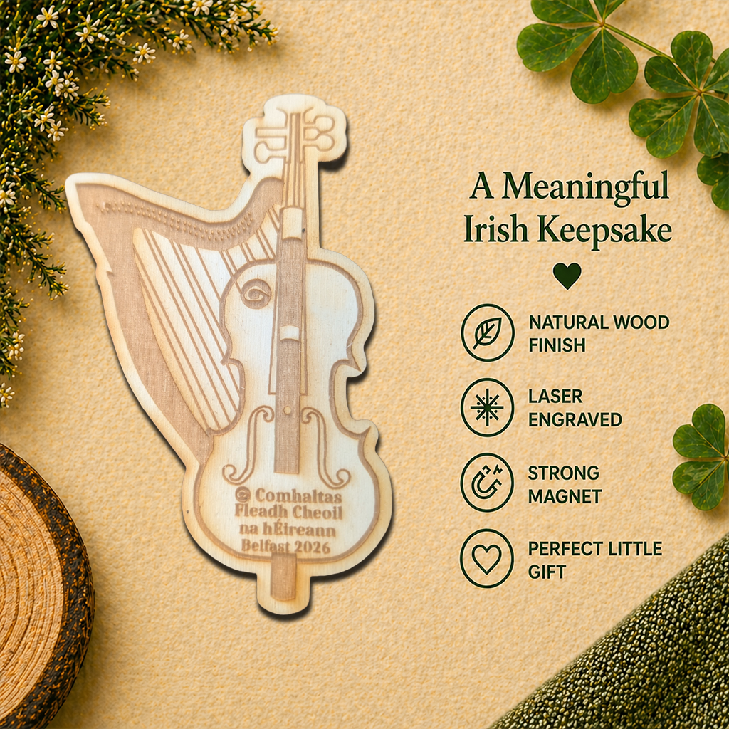 Personalised Comhaltas Fleadh Cheoil Belfast / Béal Feirste Harp & Fiddle Fridge Magnet