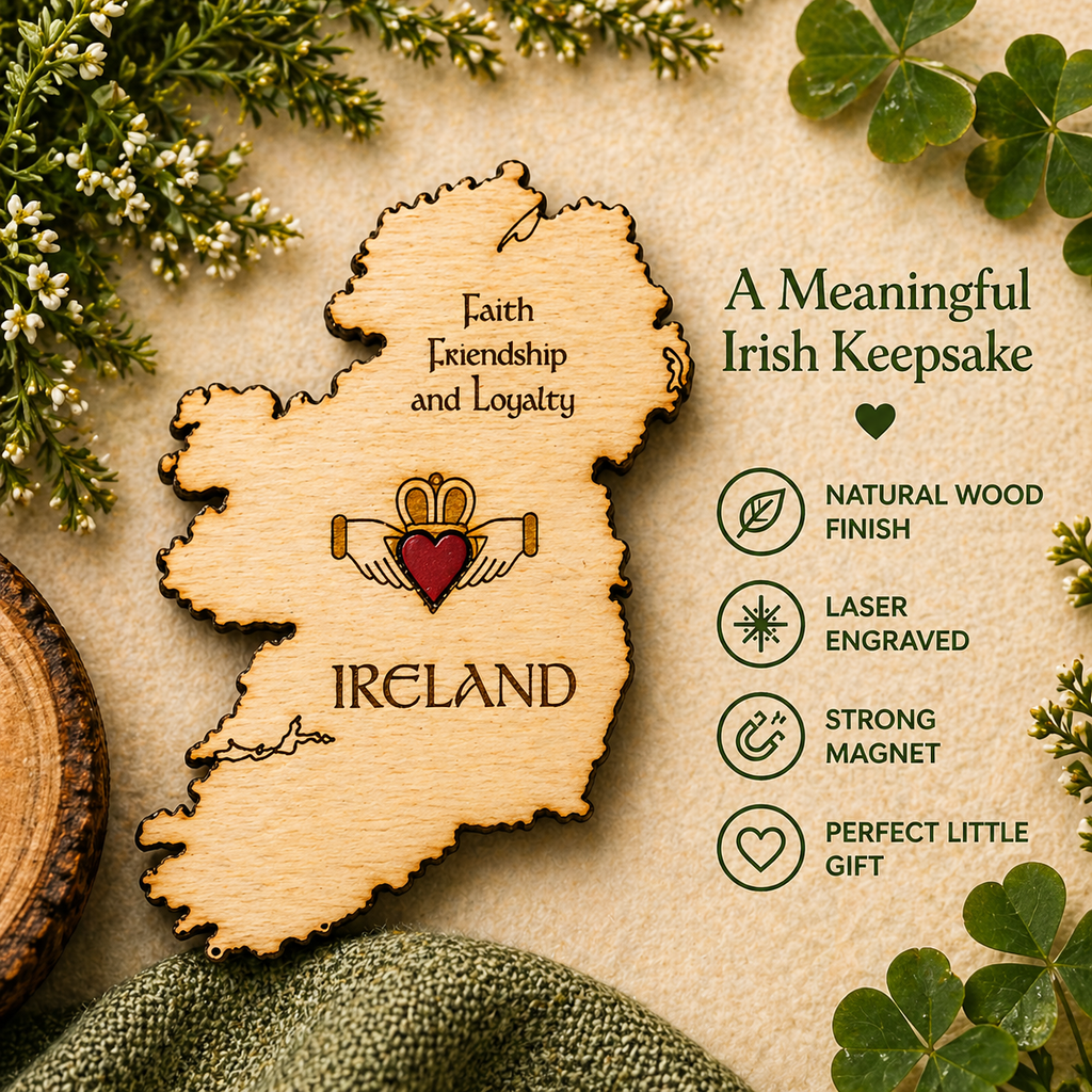 Ireland map wooden fridge magnet close up showing engraved details and Claddagh heart design