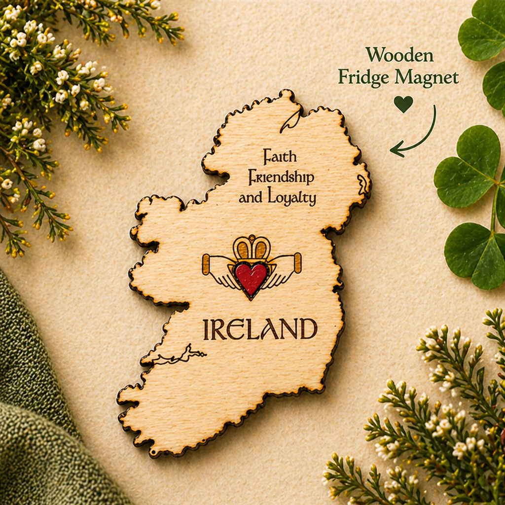Ireland map wooden fridge magnet with Claddagh symbol and engraved faith friendship loyalty design