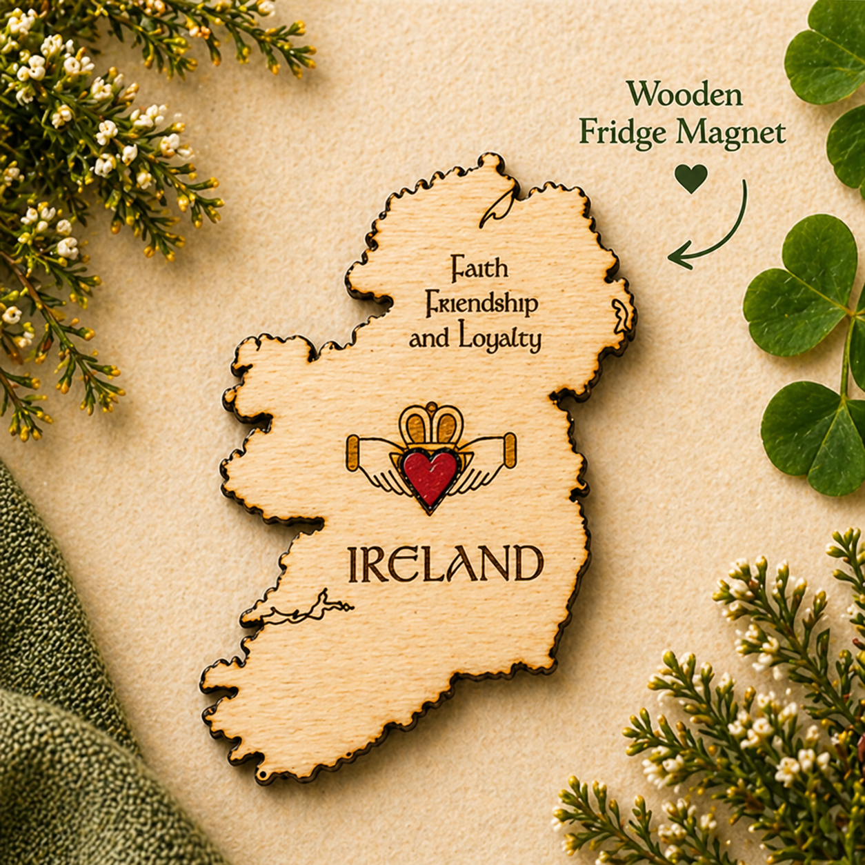 Ireland map wooden fridge magnet with Claddagh symbol and engraved faith friendship loyalty design
