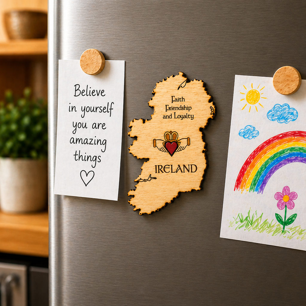 Ireland map wooden fridge magnet displayed on stainless steel fridge in modern kitchen