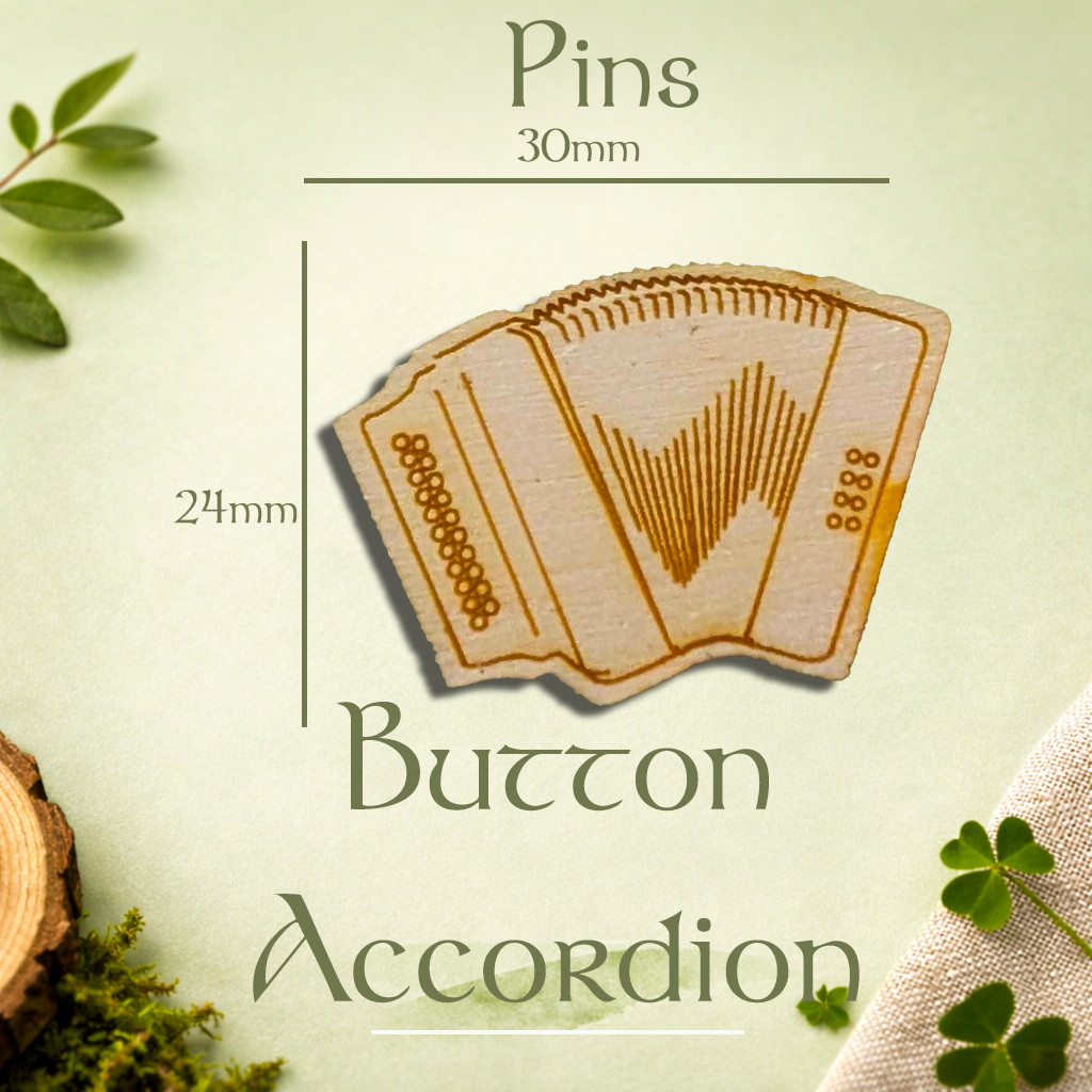Button Accordion Pin – in Wood & Brushed Gold/Silver acrylic Harp Pin