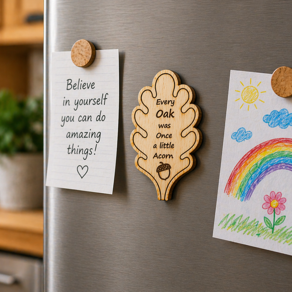 Oak Leaf Magnet displayed on fridge with notes and artwork in home kitchen.