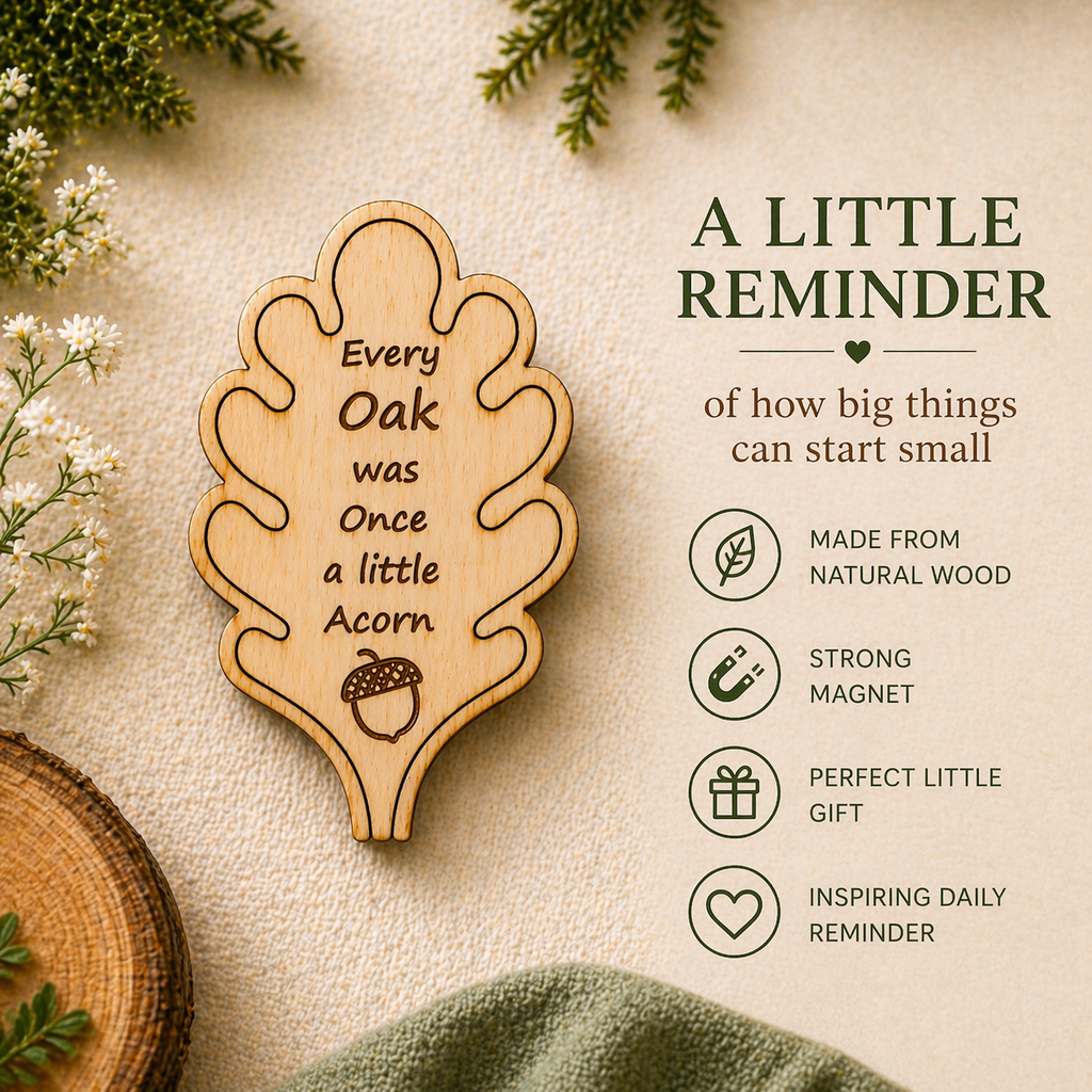 Oak Leaf Magnet with engraved quote and product feature details.