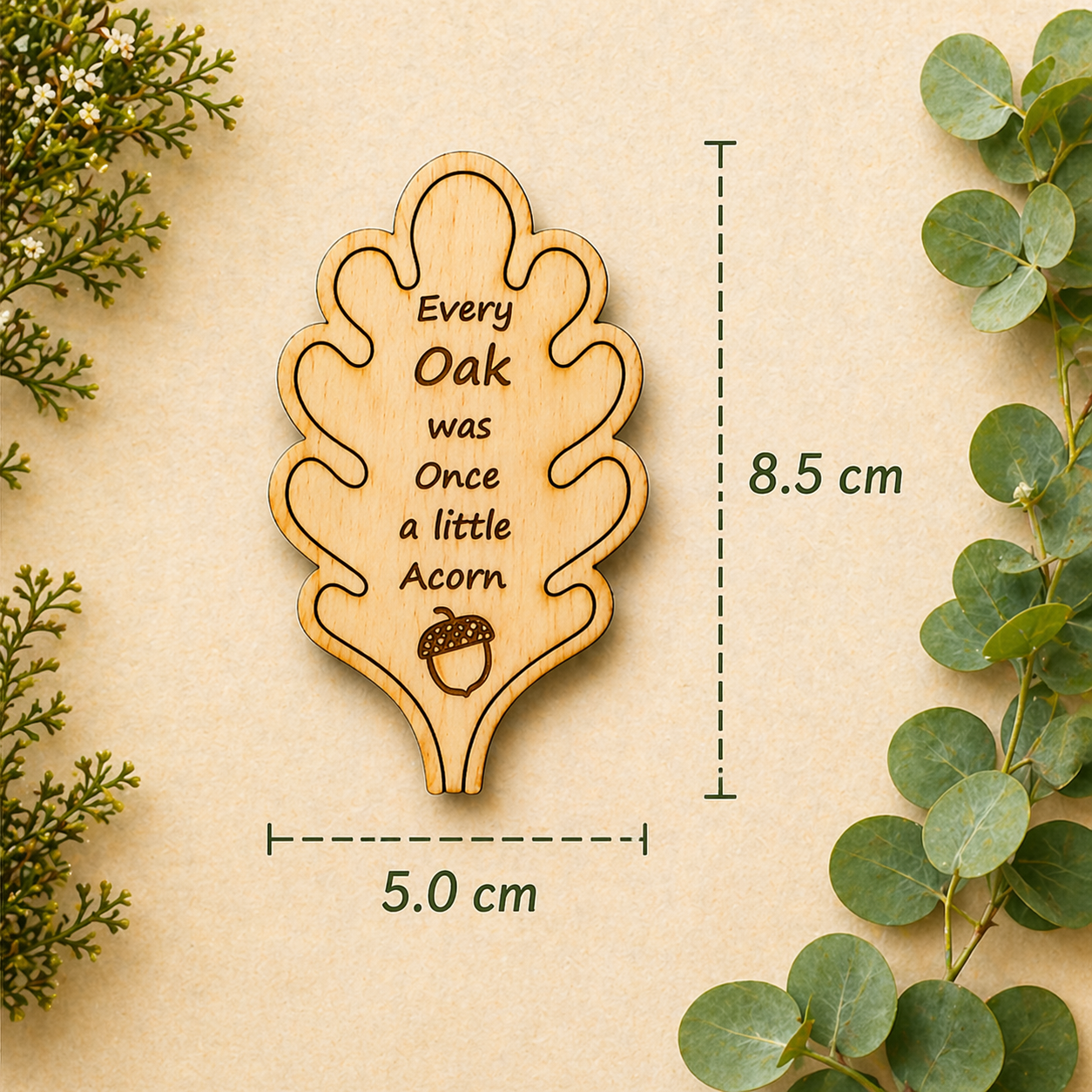Oak Leaf Magnet dimensions showing 8.5 cm height and 5 cm width.